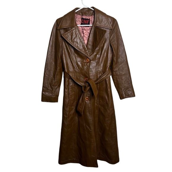 Vintage 70s Leather Wet Look Light Brown Trench Coat Womens - Picture 1 of 8